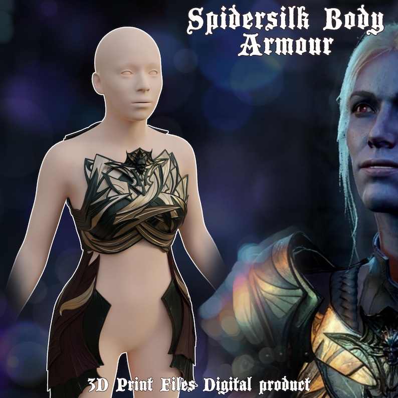 May include: A 3D printed model of a female body armor with a spider silk design. The armor is made of a dark green and gold material and has a intricate pattern. The text "Spidersilk Body Armour" is displayed above the image. The text "3D Print Files Digital product" is displayed below the image.