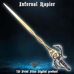 May include: A gold and silver sword with a twisted blade and a decorative hilt. The sword is called "Infernal Rapier" and is a 3D printable digital product.
