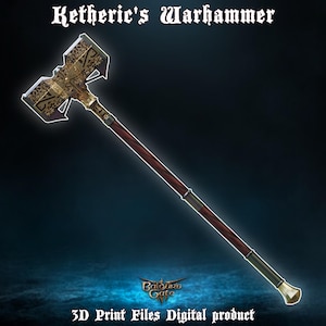 May include: A large, ornate, two-headed warhammer with a gold and brown handle. The warhammer is called "Ketheric's Warhammer".