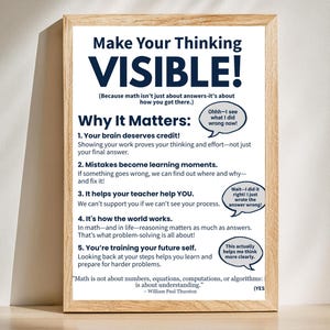 Póster para el aula de matemáticas: Muestra tu trabajo - Pensamiento visible (Descarga digital)