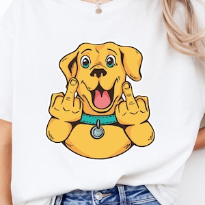 Hund Geste T-Shirt, Comicmotiv mit provokanter Haltung und fröhlichem Gesichtsausdruck für Humorträger Tierliebhaber, Rundhals Unisex Shirt