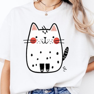 Süße Katze T-Shirt, minimalistisches Kätzchen mit Punkten und rosa Bäckchen, verspieltes Cartoon Tiermotiv, Rundhals Unisex Shirt