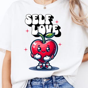 Cartoon Statement T-shirt, speels hartvormig kersenmotief, schattig motief met positieve boodschap, unisex shirt met ronde hals