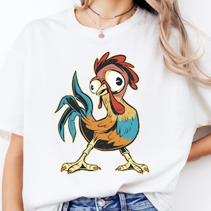 Camiseta divertida de gallo, pájaro cómico bizco en estilo de dibujos animados coloridos, pose divertida para miradas locas de fanáticos del humor animal, camisa unisex de cuello redondo
