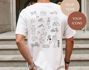 Personalisiertes Doodle T-Shirt, Linien Art Hobbies, Wunsch Jahr, Persönlichkeitsmerkmale, Geschenkidee, S-2XL: verschiedene Farben
