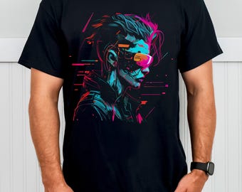May include: A black short-sleeved t-shirt featuring a graphic print of a person in profile wearing futuristic visor eyewear. The design uses vibrant neon pink and cyan blue colors with glitch-style horizontal lines and sharp geometric accents.