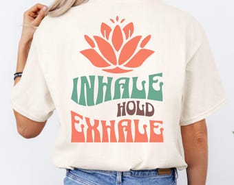 Yoga Lotus T-Shirt,  Inhale Hold Exhale Backprint, Retro Breathwork Design, Mindful Style for Yoga & Meditation Lovers, Crewneck Unisex