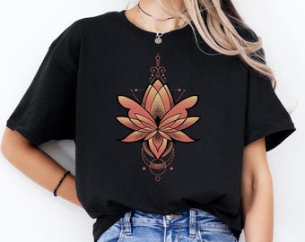 Camiseta com estampa de flor de lótus, roupa de ioga, tamanhos P-2GG: diversas cores