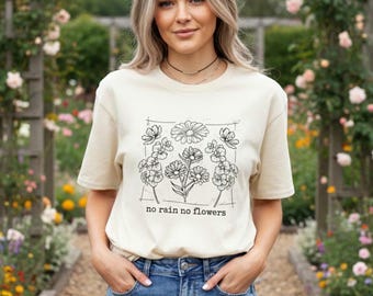Minimalist T-Shirt, No Rain No Flowers, Line Art Flowers, Boho Apparel for Summer, S-2XL: various colors