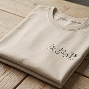T-shirt med sol-, cykel- och drinkikoner, minimalistiskt ficktryck, S-2XL: olika färger