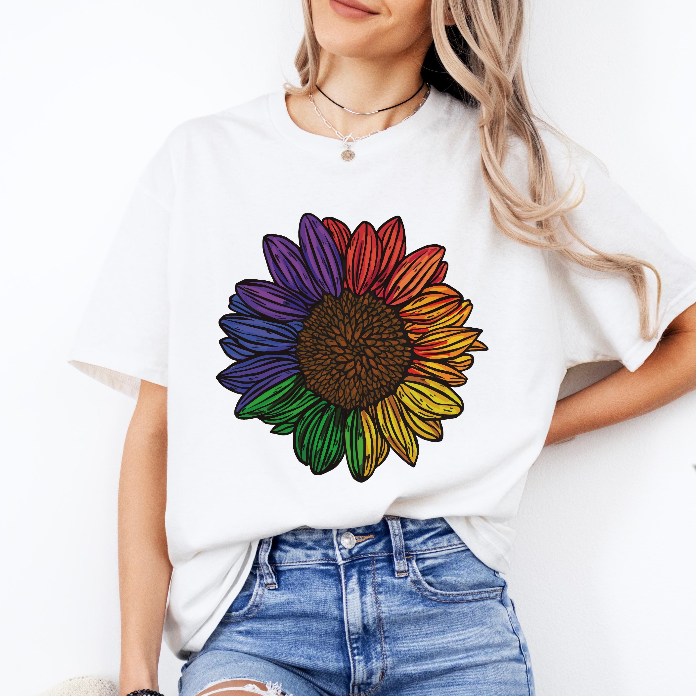 Rainbow Sunflower T-Shirt, Colorful Floral Symbol, LGBTQ Nature Art Statement for Pride Parade or Joyful Vibes, Crewneck Unisex Shirt