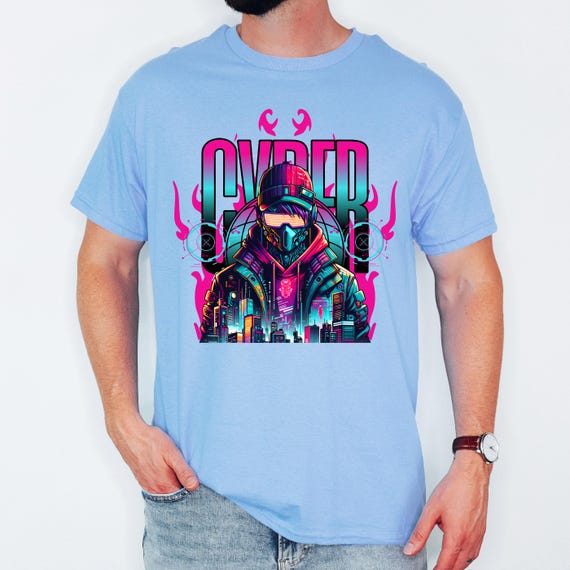 Cyber Streetwear T-shirt, Masked Figure With Futuristic Skyline