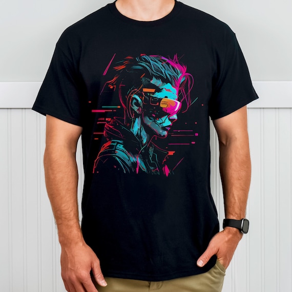 Cyberpunk Future T-shirt, Neon Portrait With Glitch Effect and