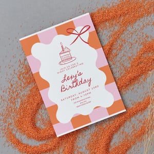 Editable Orange & Pink Birthday Invitation – Whimsical Checkered Canva Template – Fun Party Invite – Instant Download