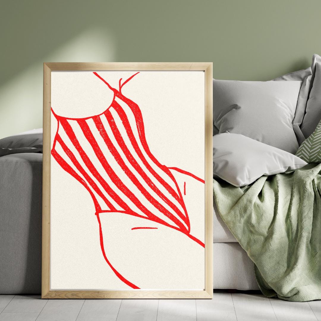 Red Striped Swimsuit Print: Minimalist Beach Art (digital Download) - Etsy