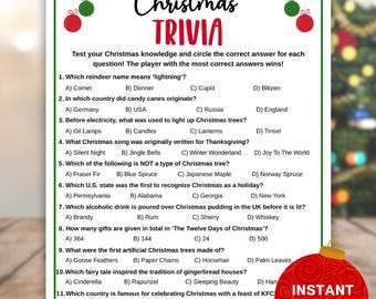 May include: A white Christmas trivia game sheet with a green border, red and green ornament illustrations, and black text. The sheet contains twelve multiple-choice questions about holiday traditions, with an Instant Download red ornament graphic.