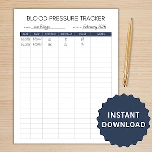 Printable Blood Pressure Tracker, Blood Pressure Log PDF, Health Tracker for Home Monitoring, Daily Blood Pressure Chart Instant Download