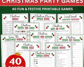 Può includere: Una collezione di giochi stampabili per feste di Natale con titoli come Christmas Trivia, Movie Emoji Game, Word Search, Crack The Code, True Or False, Would You Rather, Guess The Christmas Movie, Think Fast e Finish The Phrase.