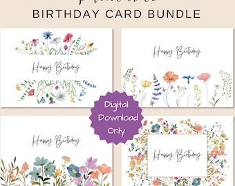 Printable Floral Birthday Card Bundle – 4 Wildflower Birthday Cards, Digital Download