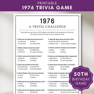Juego de trivia de 1976, juego para celebrar el 50.º cumpleaños, cuestionario sobre nacidos en 1976, trivia de cumpleaños imprimible para adultos.