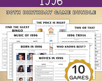 30e verjaardag gamesbundel, geboren in 1996, afdrukbaar partygame-pakket, trivia- en nostalgiegames uit 1996