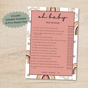 Oh Baby True or False Game, Editable Baby Shower Game, Boho Baby Shower Activity, Pink Baby Trivia Game for Baby Shower, Baby Trivia Quiz