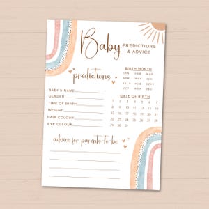 Boho-babyvoorspellings- en advieskaart, afdrukbaar babyshowerspel, advies en wensen voor ouders to be baby-voorspellingsspel, Mommy to be-spel