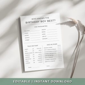 Who Knows the Birthday Boy Best Party Game, Printable Party Game, Birthday Boy Trivia Game, Printable Birthday Game Quiz,Editable Party Game