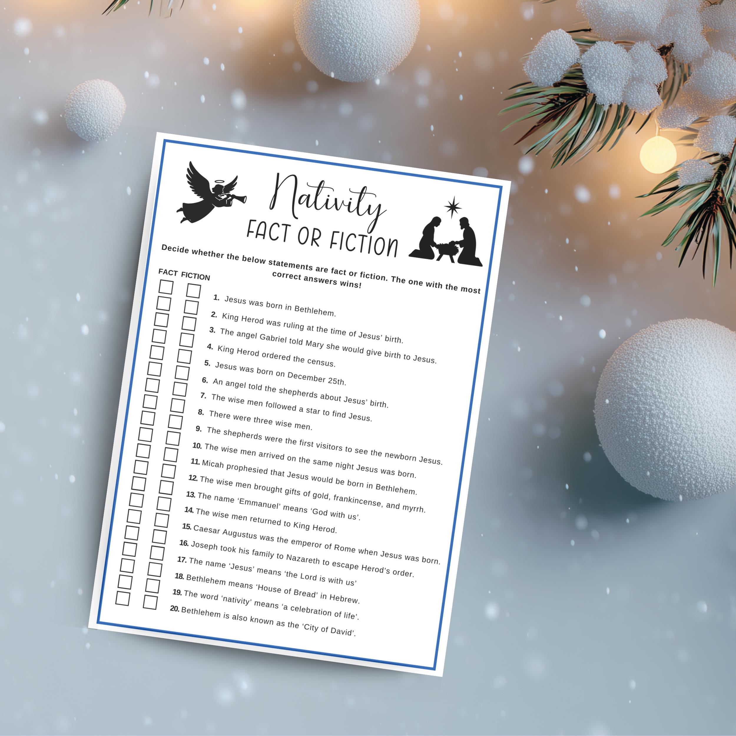 Christmas Bible Trivia Game, Nativity Fact or Fiction Printable ...