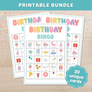 Birthday Party Game Bundle Printable, 30 Bingo Cards Printable Game, Party Game Activity for Kids, Fun Activity for Sleepovers & Classrooms