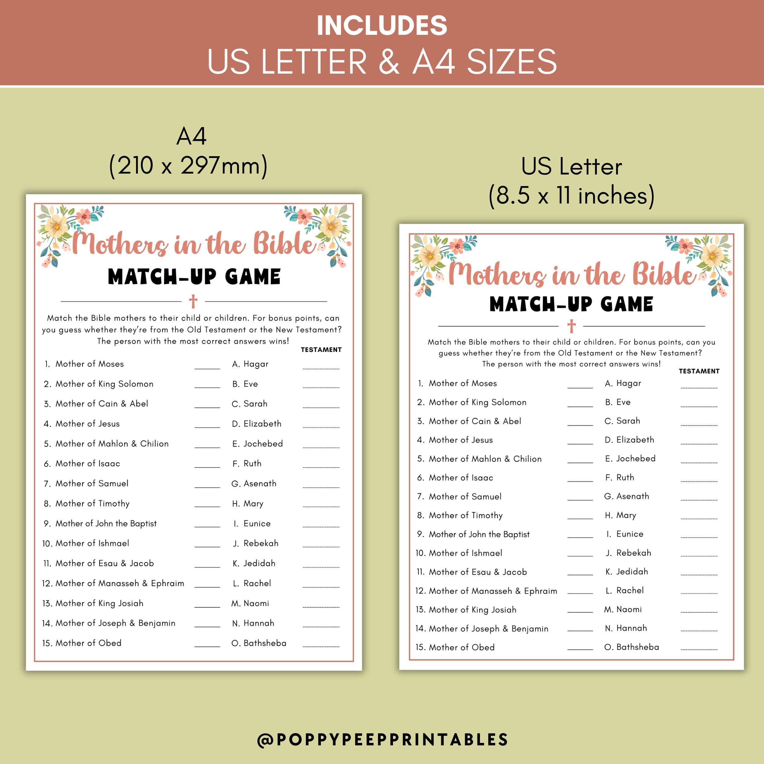 Mothers in the Bible Match-up Game, Printable Christian Mother's Day ...
