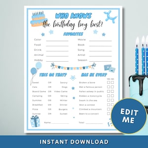 Who Knows the Birthday Boy Best Party Game, Printable Party Game, Birthday Boy Trivia Game, Editable Birthday Game Quiz for Him, Tween Game