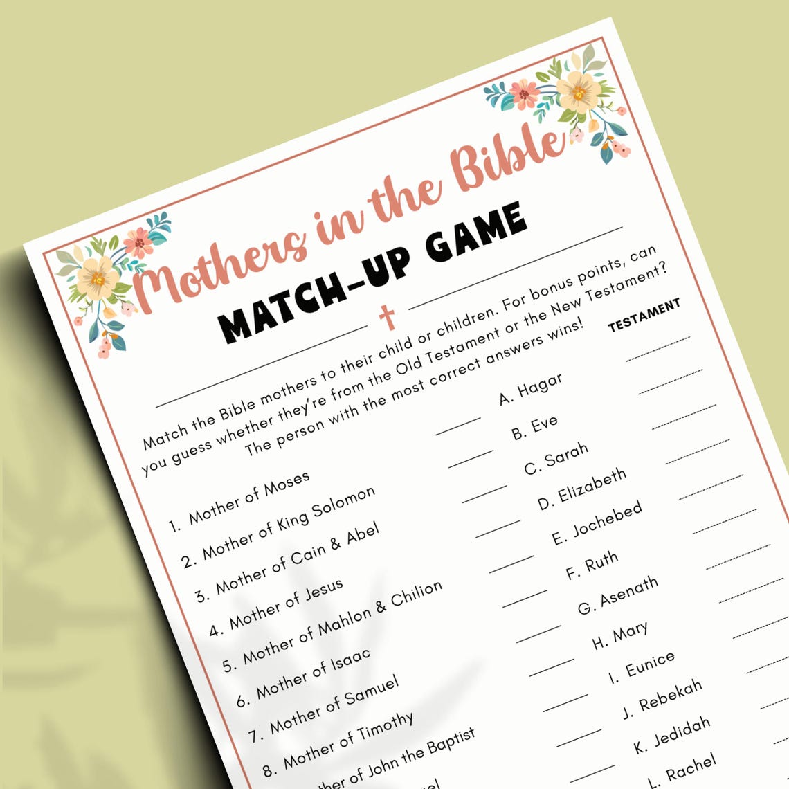 Mothers in the Bible Match-up Game, Printable Christian Mother's Day ...