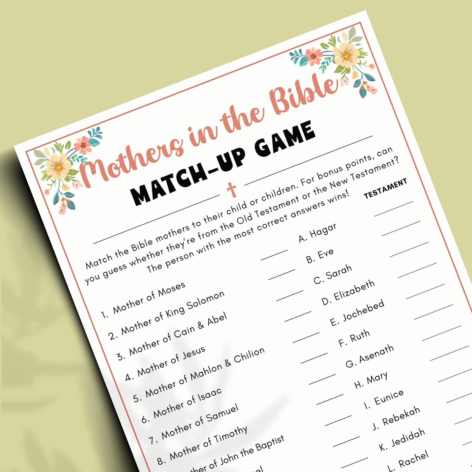 Mothers in the Bible Match-up Game, Printable Christian Mother's Day ...