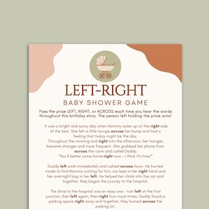Puede incluir: Una tarjeta de juego para baby shower con el texto "LEFT-RIGHT BABY SHOWER GAME". La tarjeta tiene un fondo beige claro con un diseño rosa claro y marrón. El juego consiste en leer una historia y pasar un premio.
