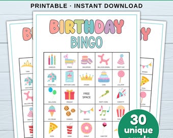 Birthday Bingo Game Printable, 30 Unique Bingo Cards for Party, Fun Birthday Party Activity, Group Game for Kids & Family