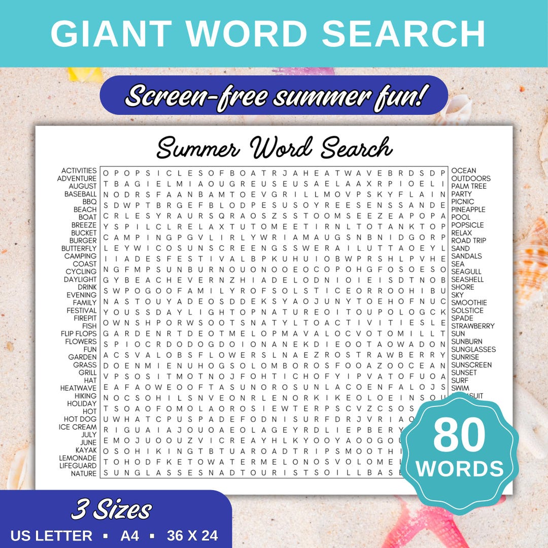 Giant Summer Word Search Printable, 80 Word Puzzle, Large Print Poster ...