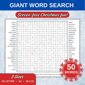 Jätteordsökning för jul, 50 ords pussel, 36x24 ordsökning, julordsökning för barn och vuxna, utskrivbar julfestaktivitet