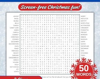 Puede incluir: Un juego de búsqueda de palabras con temática navideña con 50 palabras para encontrar. El rompecabezas presenta una pancarta roja que dice "Screen-free Christmas fun!" y está disponible en tres tamaños: US Letter, A4 y 91 x 61 cm.