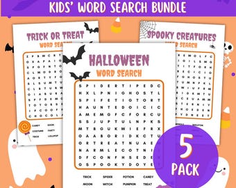 Halloween Printable Word Search Pack for Kids Ages 7-12, 5 Spooky Halloween Puzzles for Classroom Halloween Games, Halloween Party Activity