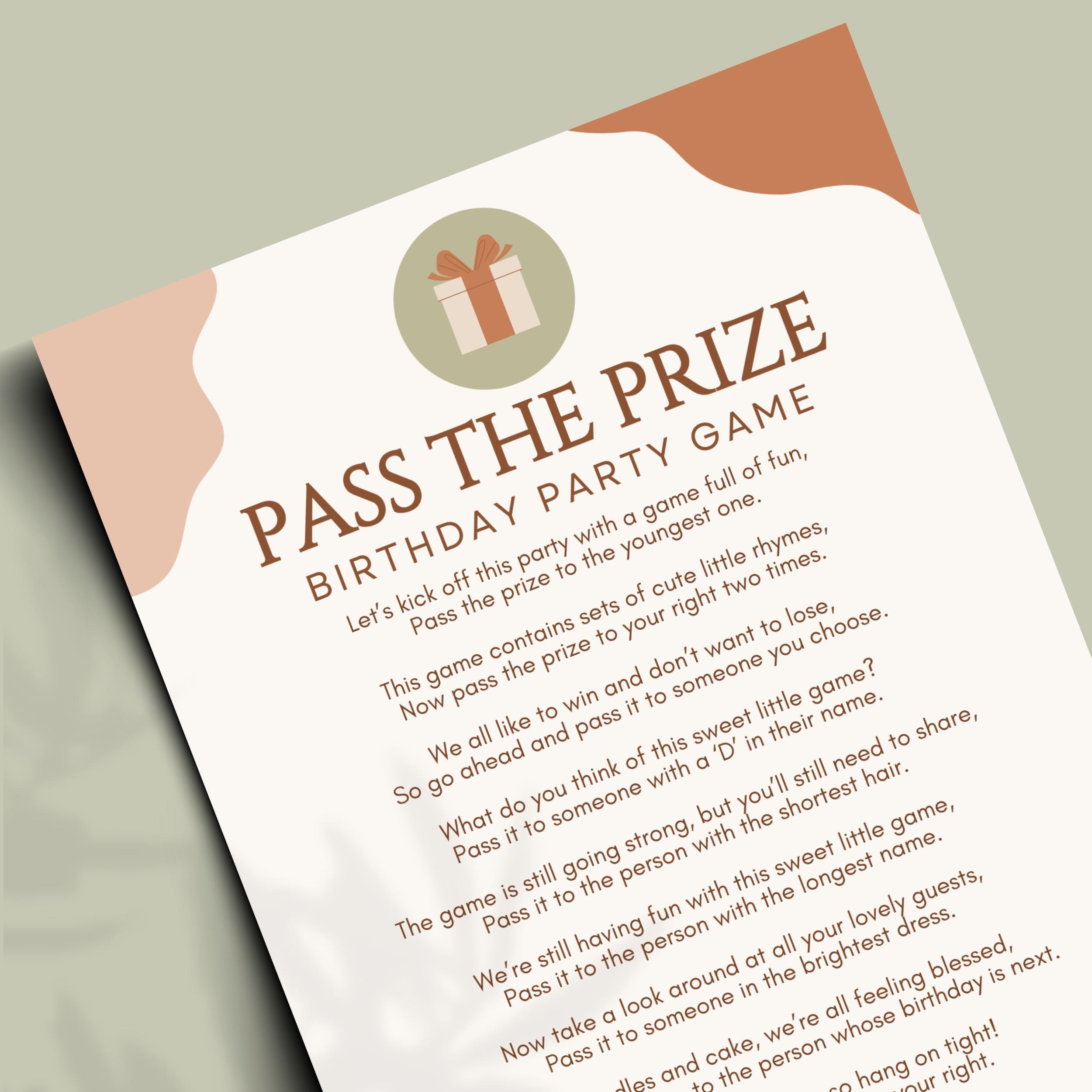 Birthday Pass the Prize Game Printable, Rhyming Party Game for Adults ...