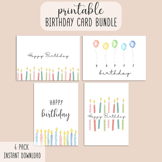 Printable Birthday Card Bundle, Digital Birthday Card Pack, 4 Pack of Birthday Cards, Digital Birthday Cards, Greeting Card Set,Birthday Set