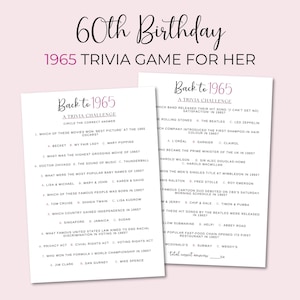 1965 Trivia Game, 60th Birthday Game for Her, Printable 60th Party Game, Born in 1965 Trivia Game, Printable Birthday Game Instant Download