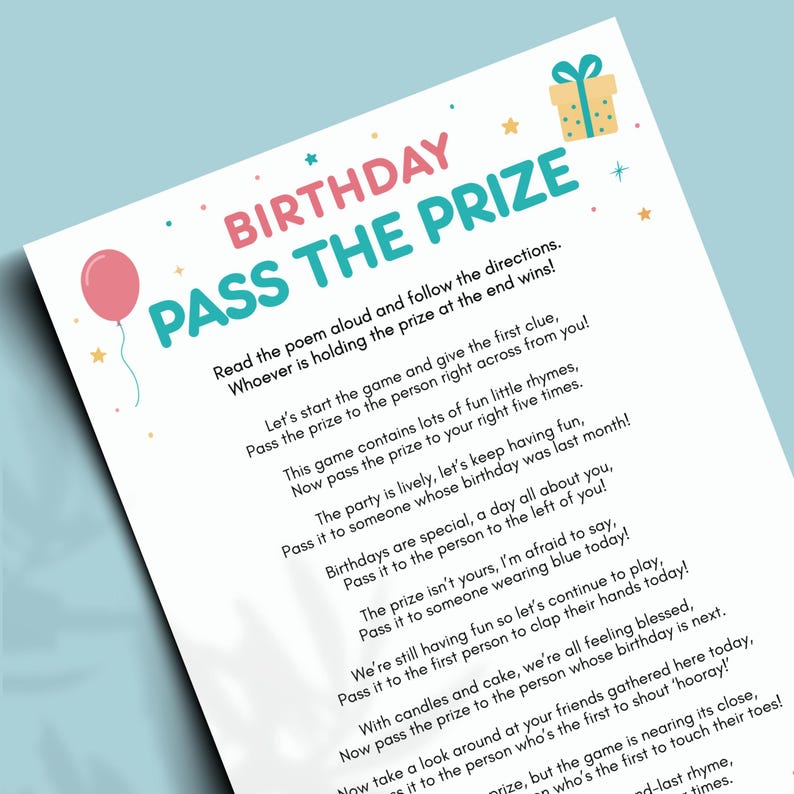 Pass the Prize Game Kids Birthday, Pass the Parcel Game Printable ...