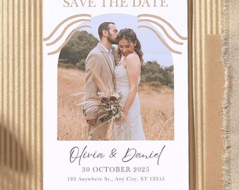 Invito a nozze con estetica boho soft, Save the Date Card - Download istantaneo personalizzabile digitale