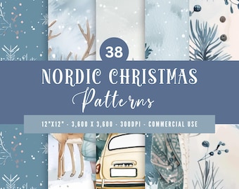May include: A collection of 38 Nordic Christmas patterns with a winter theme. The patterns feature watercolor illustrations of deer, snowflakes, and a vintage car. The text "Nordic Christmas Patterns" is displayed in a stylized font.