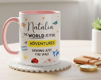 Personalized Adventure Mug | Travel Lover Gift | Custom Name Coffee Cup | Colorful Accent Mug