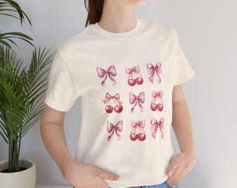 Coquette Cherry Bow Shirt, Cute Pink Aesthetic Tee for Women, Cherrycore Valentine Top