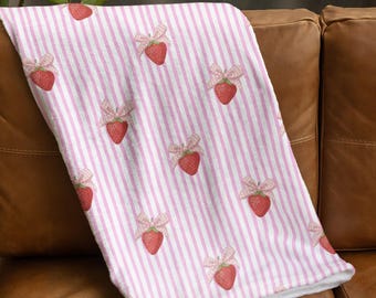 Coquette Strawberry Blanket Pink | Aesthetic Strawberry Throw Blanket | Soft Velveteen Plush Blanket | Cottagecore Girly Home Decor