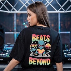 Festival Summer Outfit Beats from Beyond UFO Alien DJ House Party Outfit Techno Rave wear backprint Club EDM Shirt Funny Gift for Raver Gift